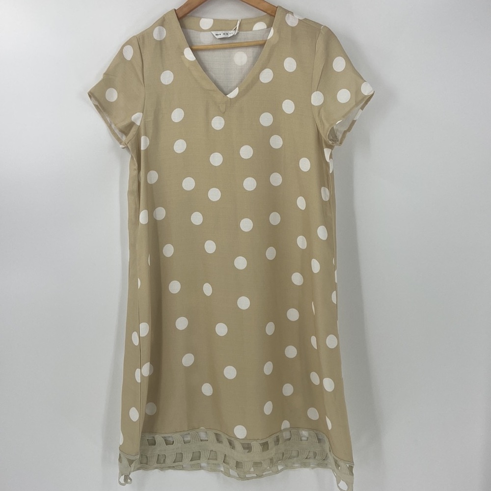 Polka dot beige shift dress with lace border neutral colors womens New with tag